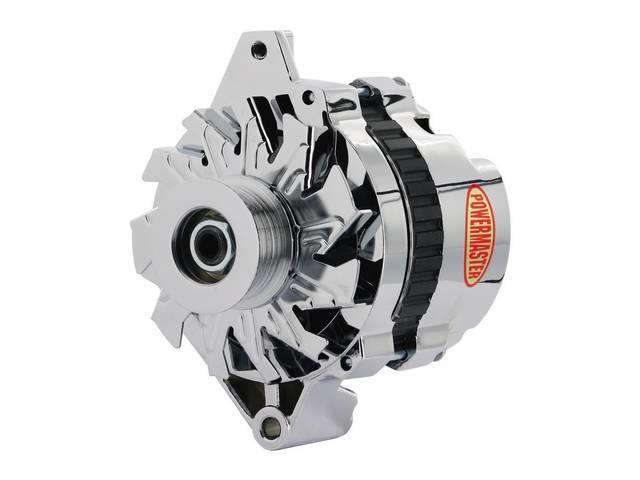 Alternator, New, Powermaster, Chrome Finish, 105 amp, OE-harness operation, GM CS130 case, internal regulator, incl chrome serpentine pulley and fan, straight mount 6.61 inch