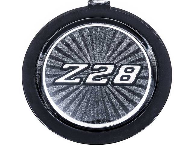 Horn Cap / Door Panel Ornament, *Z28* on silver / black sunburst, OER Reproduction