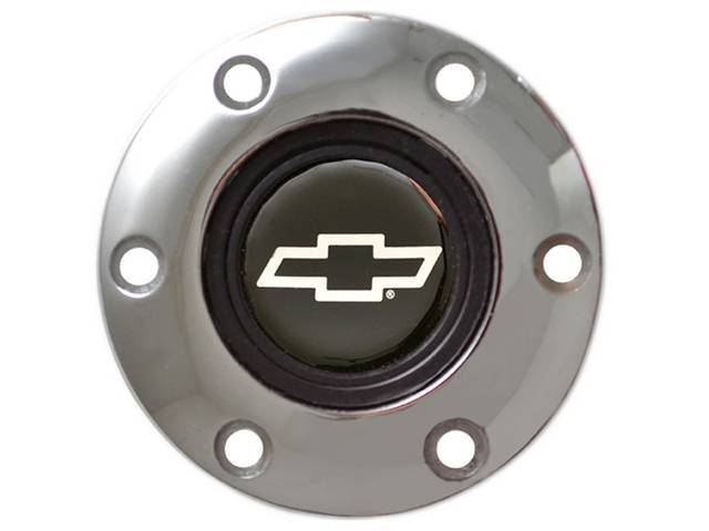 Volante Horn Cap, S6 Sport 6 Bolt Series, Chrome Surround W/ Silver Bowtie on a Black Background Center Cap