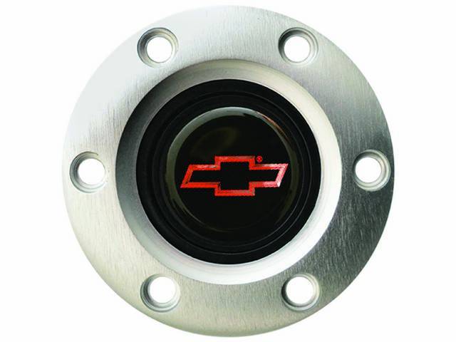 Volante Horn Cap, S6 Sport 6 Bolt Series, Satin / Brushed Surround W/ Red Bowtie on a Black Background Center Cap