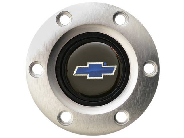 Volante Horn Cap, S6 Sport 6 Bolt Series, Satin / Brushed Surround W/ Blue Bowtie on a Black Background Center Cap