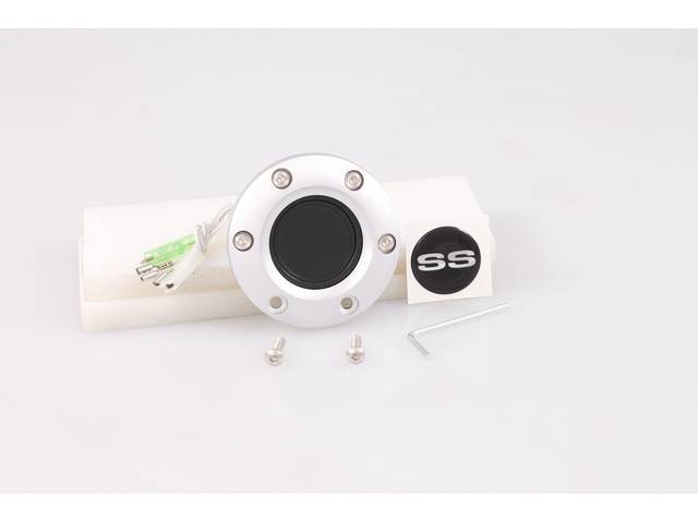 Volante Horn Cap, S6 Sport 6 Bolt Series, Satin / Brushed Surround W/ White *SS* on a Black Background Center Cap