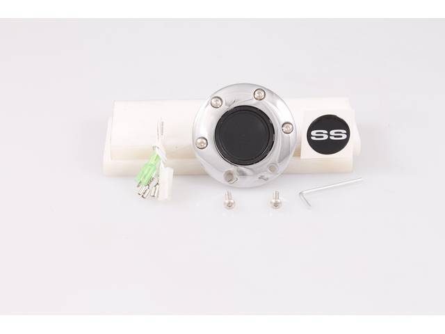 Volante Horn Cap, S6 Sport 6 Bolt Series, Chrome Surround W/ White *SS* on a Black Background Center Cap
