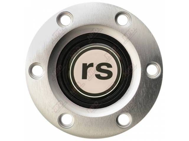 Volante Horn Cap, S6 Sport 6 Bolt Series, Satin / Brushed Surround W/ Black *rs* on a White Background Center Cap