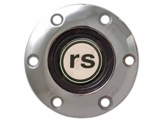 Volante Horn Cap, S6 Sport 6 Bolt Series, Chrome Surround W/ Black *rs* on a White Background Center Cap