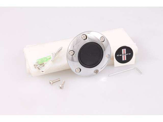 Volante Horn Cap, S6 Sport 6 Bolt Series, Chrome Surround W/ *Camaro* Text in Chrome w/ stripe on a Black Background