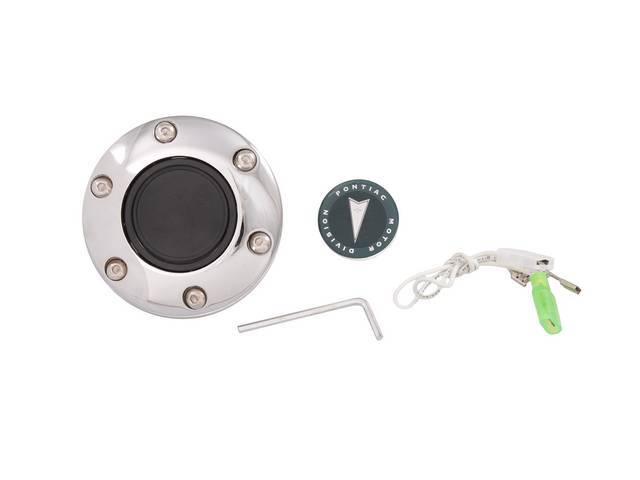 Volante Horn Cap, S6 Sport 6 Bolt Series, Chrome Surround W/ Pontiac *Arrowhead* and *PONTIAC MOTOR DIVISION* in Chrome on a Green Background