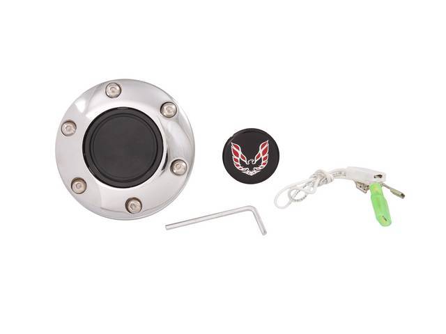 Volante Horn Cap, S6 Sport 6 Bolt Series, Chrome Surround W/ *Bird* in Red and Chrome on a Black Background