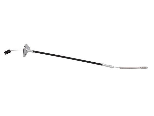 Carburetor to Accelerator Lever Cable, approximately 12 1/2 inch length from firewall to intake bracket, 21 5/16 inch overall length, features 3 holes at the carburetor attaching point for adjustable mounting, replacement style reproduction