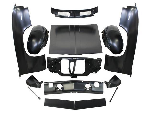 SHEET METAL PACKAGE, Front End, incl fenders, fender extensions, radiator core support, fender to core support braces, inner wheelhouses, cowl vent grille, header panel, valance panel, std flat hood and hood latch / lock support, all parts are EDP coated