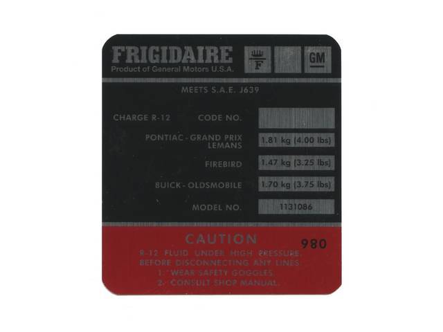 A/C Compressor Decal, *Frigidaire* and *1131086*, repro