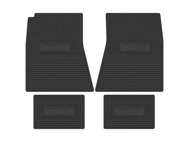 Rubber Floor Mat Set, (4), Black, Features*MALIBU* block letters and Bowtie Logo, Vintage Style Reproduction for (68-72)
