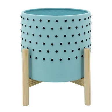 Ceramic Polka Dot Planter with Stand – 10″ – Blue