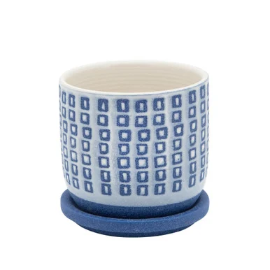 Ceramic Squares Design Planter with Saucer – 5″ – Blue and Beige