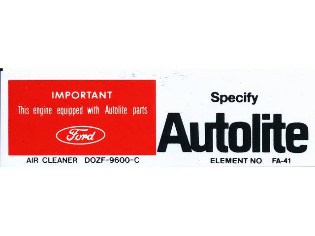 Air Cleaner Service Number Engine Decal, Autolite, D0ZF-9600-C, FA-41