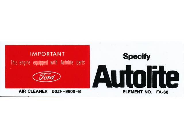 Air Cleaner Service Number Engine Decal, Autolite, D0ZF-9600-B, FA-68