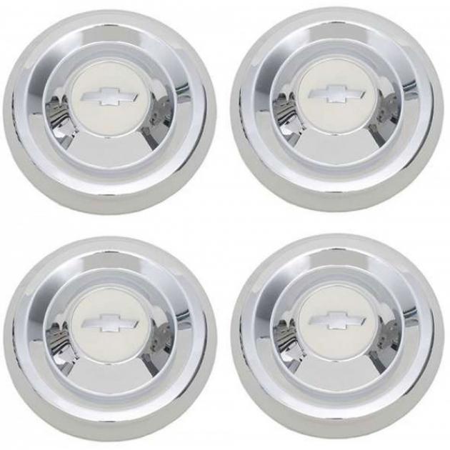Chevy Truck Hub Cap Set, Chrome, With Bombay Ivory Painted Details, 1955-1956