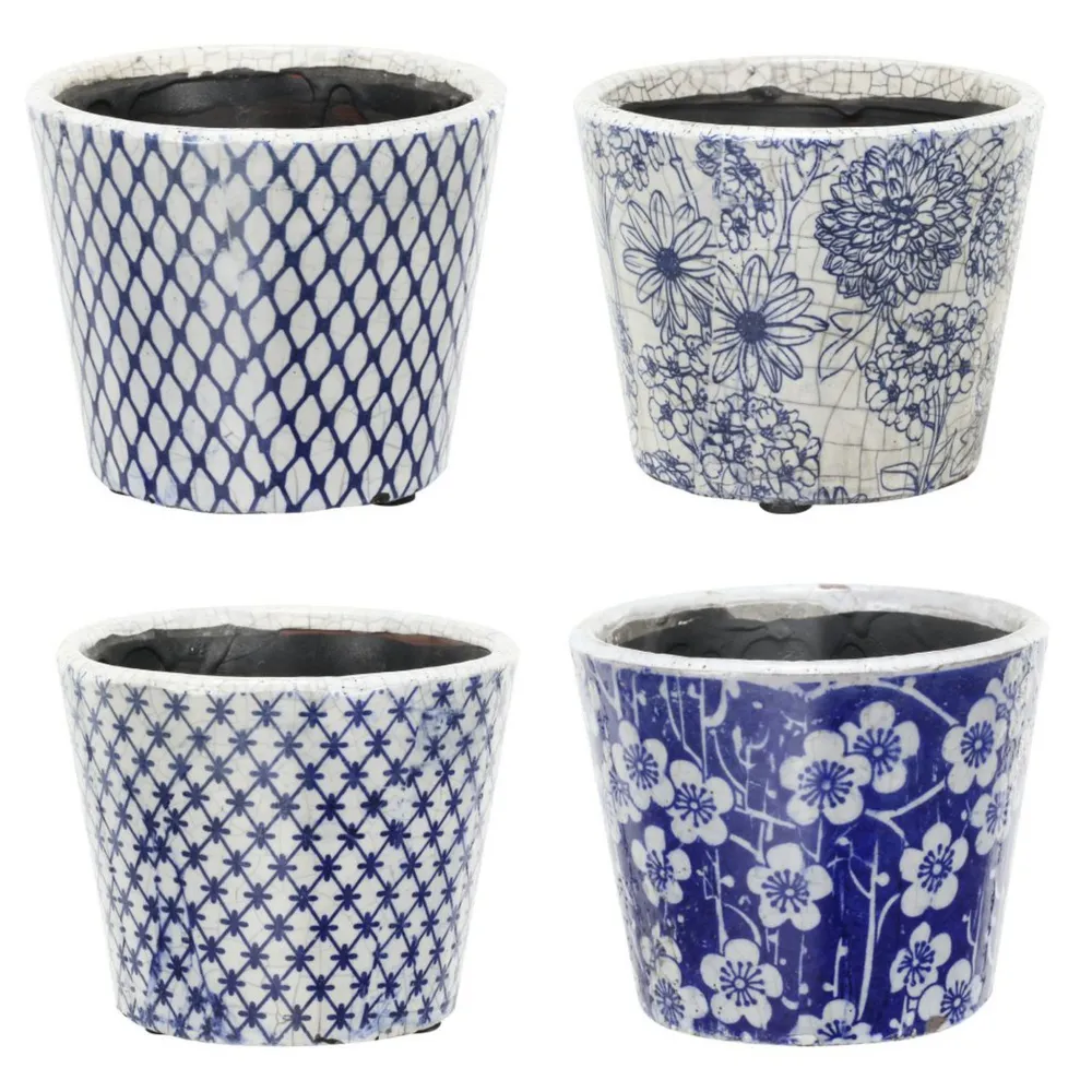 Set of 4 Blue and White Garden Floral Terracotta Large Planters 7.5″