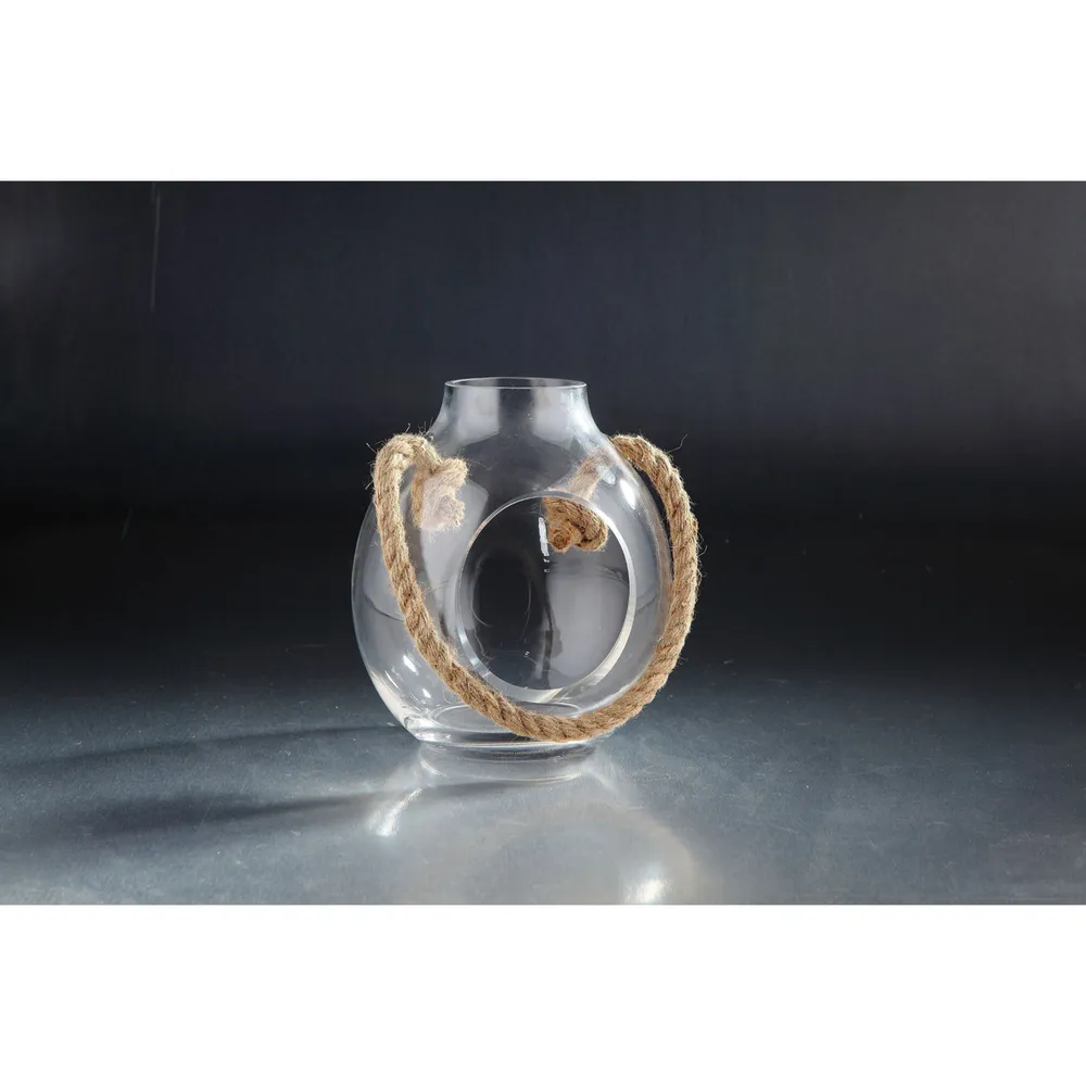 9″ Clear Handblown Glass Tealight Candle Holder with Rope
