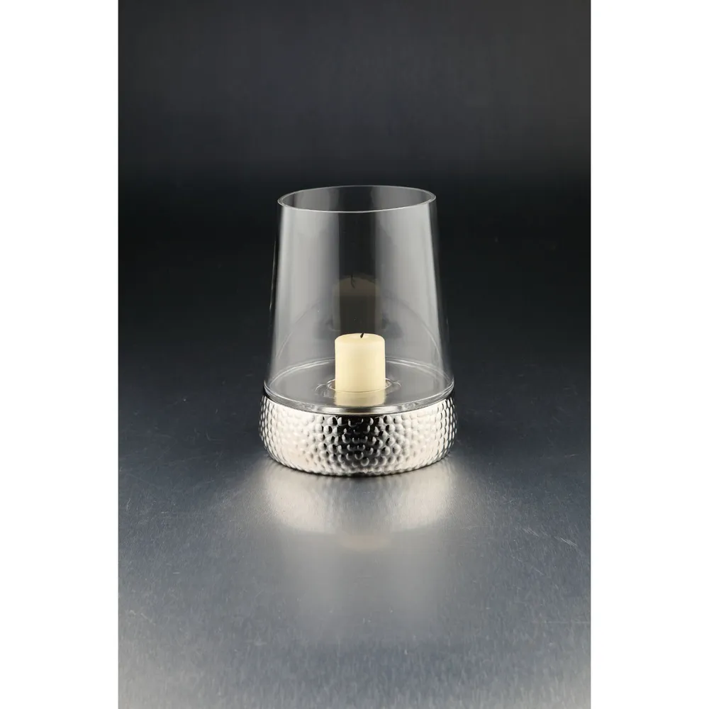 11″ Silver Hurricane Votive Glass Candle Holder with Textured Base