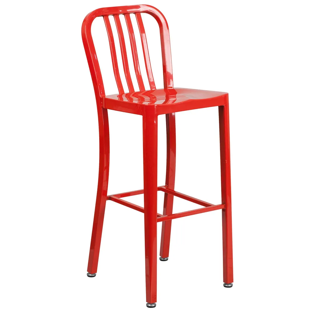 43” Red Industrial Outdoor Patio High Bar Stool with Vertical Slat Back – Stylish and Durable Seating Option