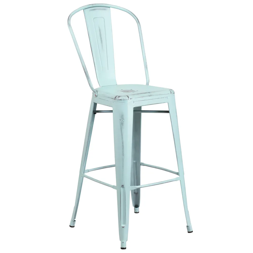 46” Blue Distressed Contemporary Outdoor Patio Barstool with Back