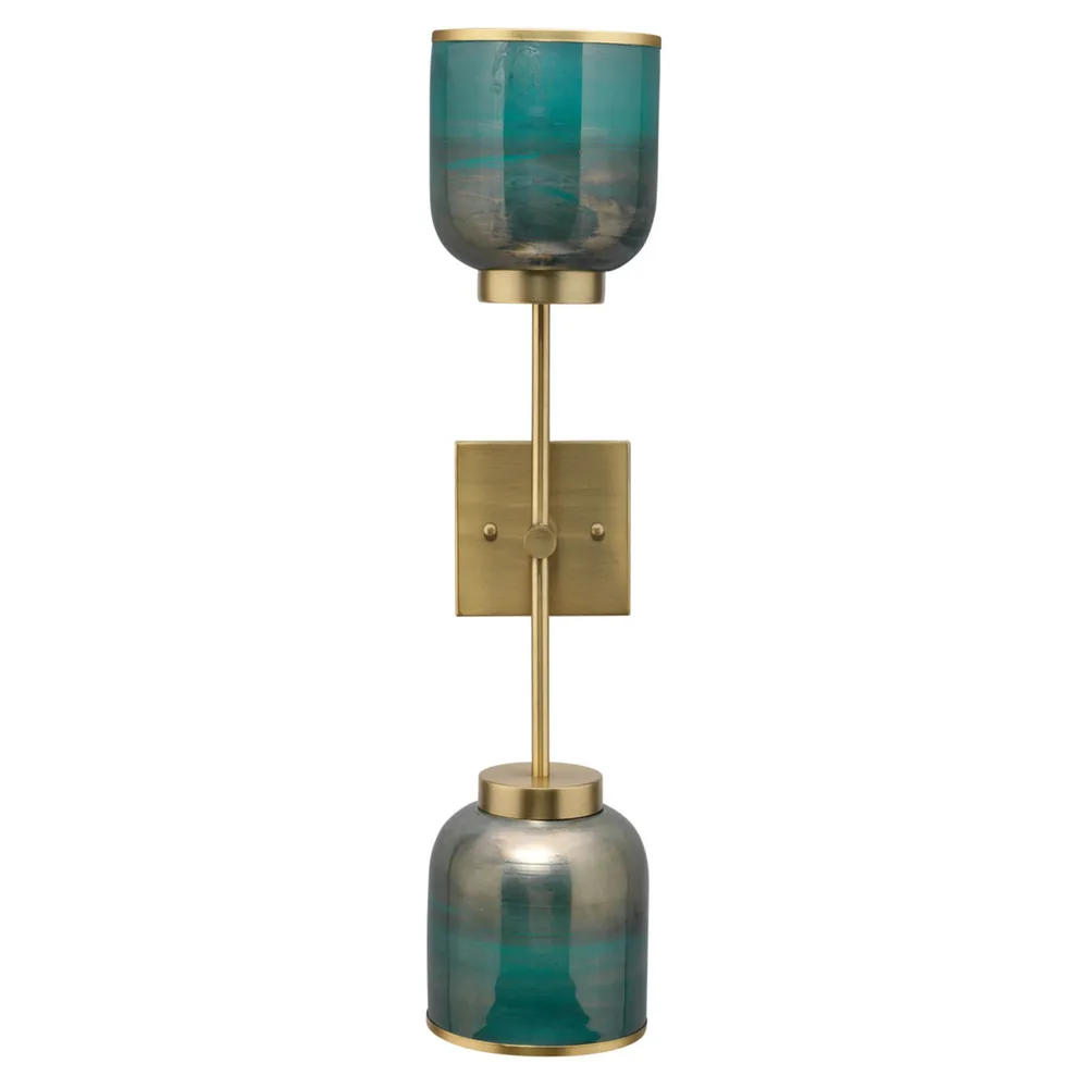 24.75″ Vapor Double Wall Sconce in Antique Brass and Aqua Metallic Glass