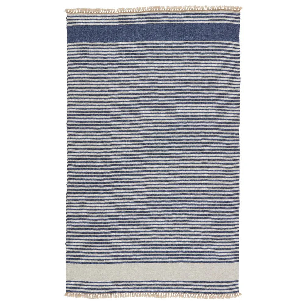 7.5′ x 9.5′ Blue and Beige Striped Hand Woven Rectangular Outdoor Area Throw Rug