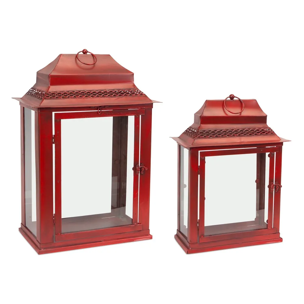 Set of 2 Antique Red and Clear Glass Table Top Lanterns 21″ – Perfect for Home Decor and Special Events