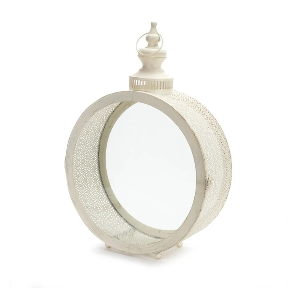 22″ White Distressed Circular Lantern | Vented Top | Glass Panes | Patio Décor