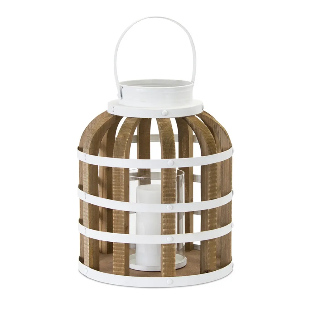 14.5″ Brown and White Wooden Lantern