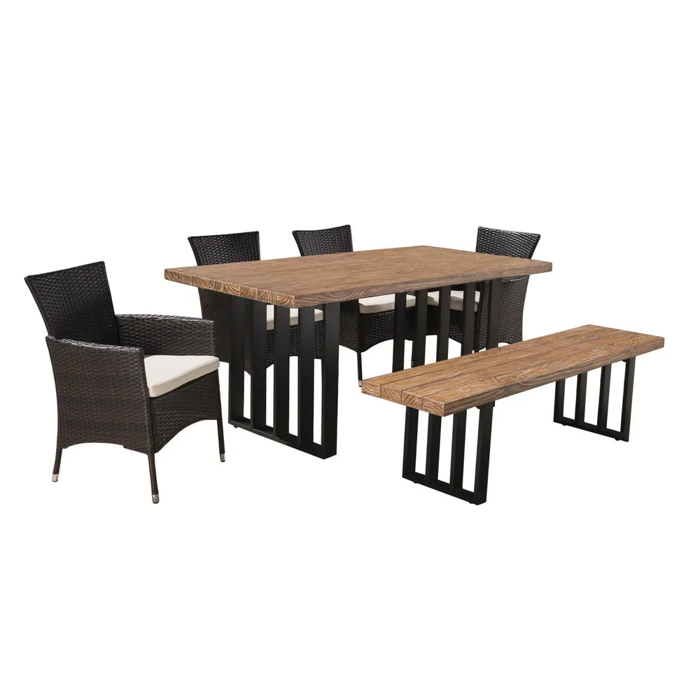 6-Piece Natural Oak Finish Rectangular Outdoor Furniture Patio Dining Set – Beige Cushions