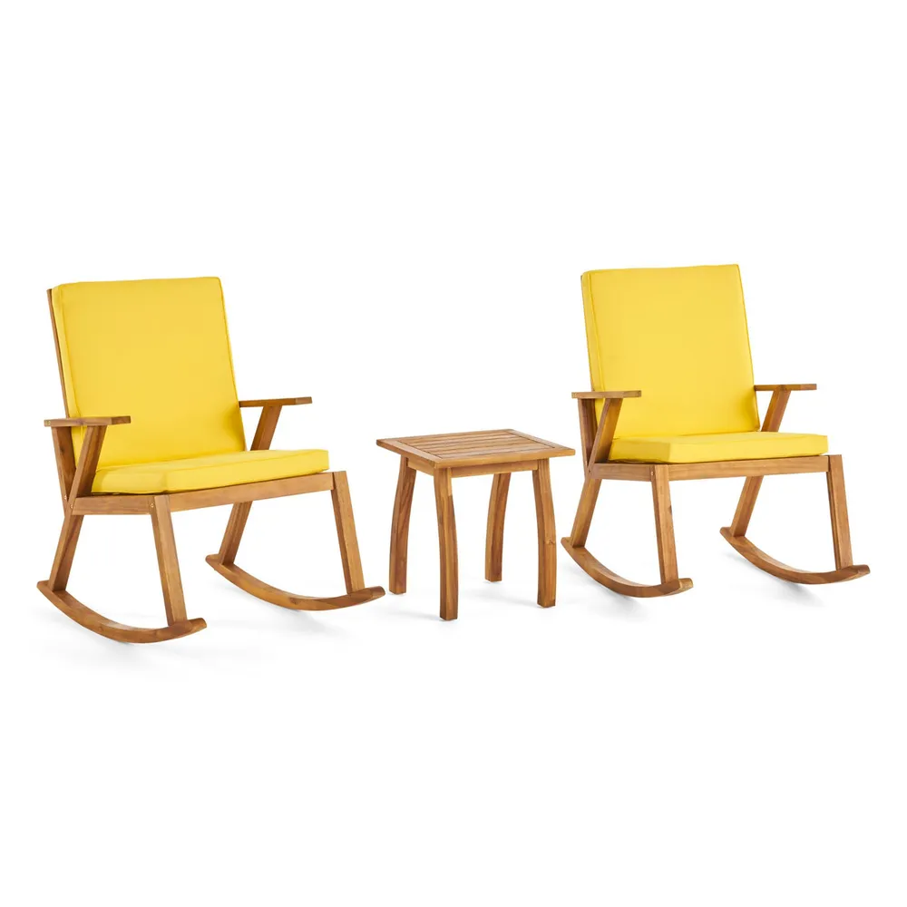3-piece Brown Teak Finish Outdoor Furniture Patio Conversation Set – Yellow Cushions