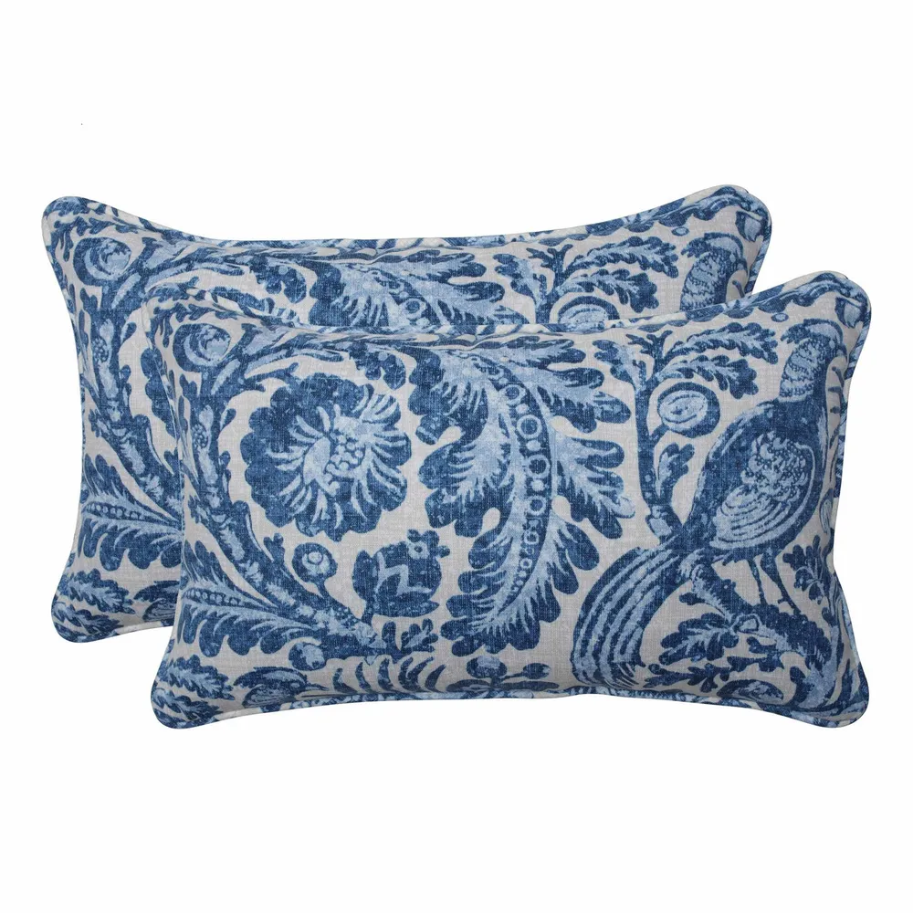 Set of 2 Blue and White Pheasant Bird Printed Outdoor Throw Pillows 18.5″
