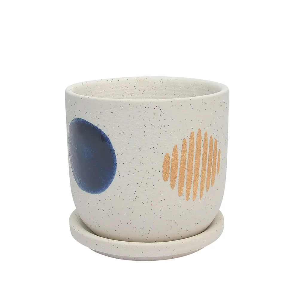 5″ White and Blue Abstract Ceramic Planter with Saucer