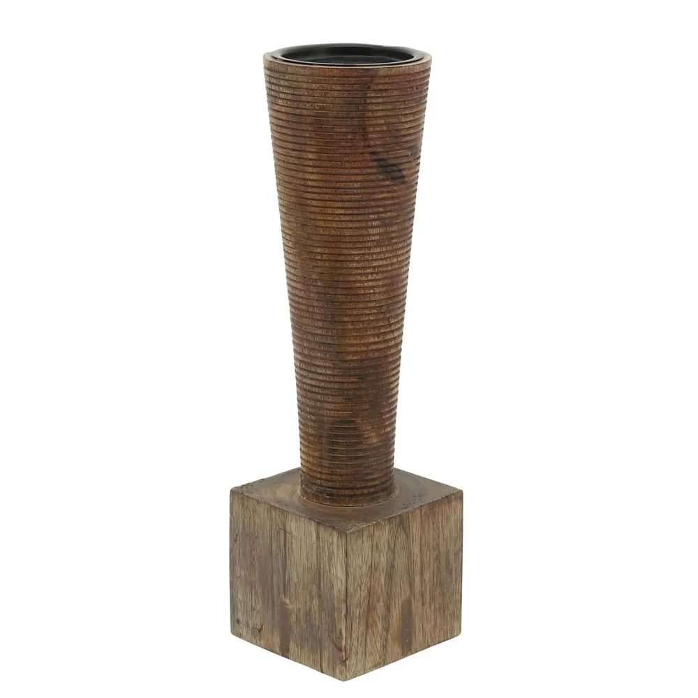 13″ Brown Mango Wood Geometric Pillar Candle Holder
