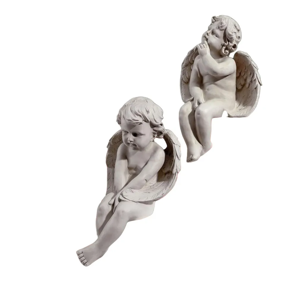 Set of 2 Gray and White Sitting Cherub Outdoor Patio Garden Statues 13″