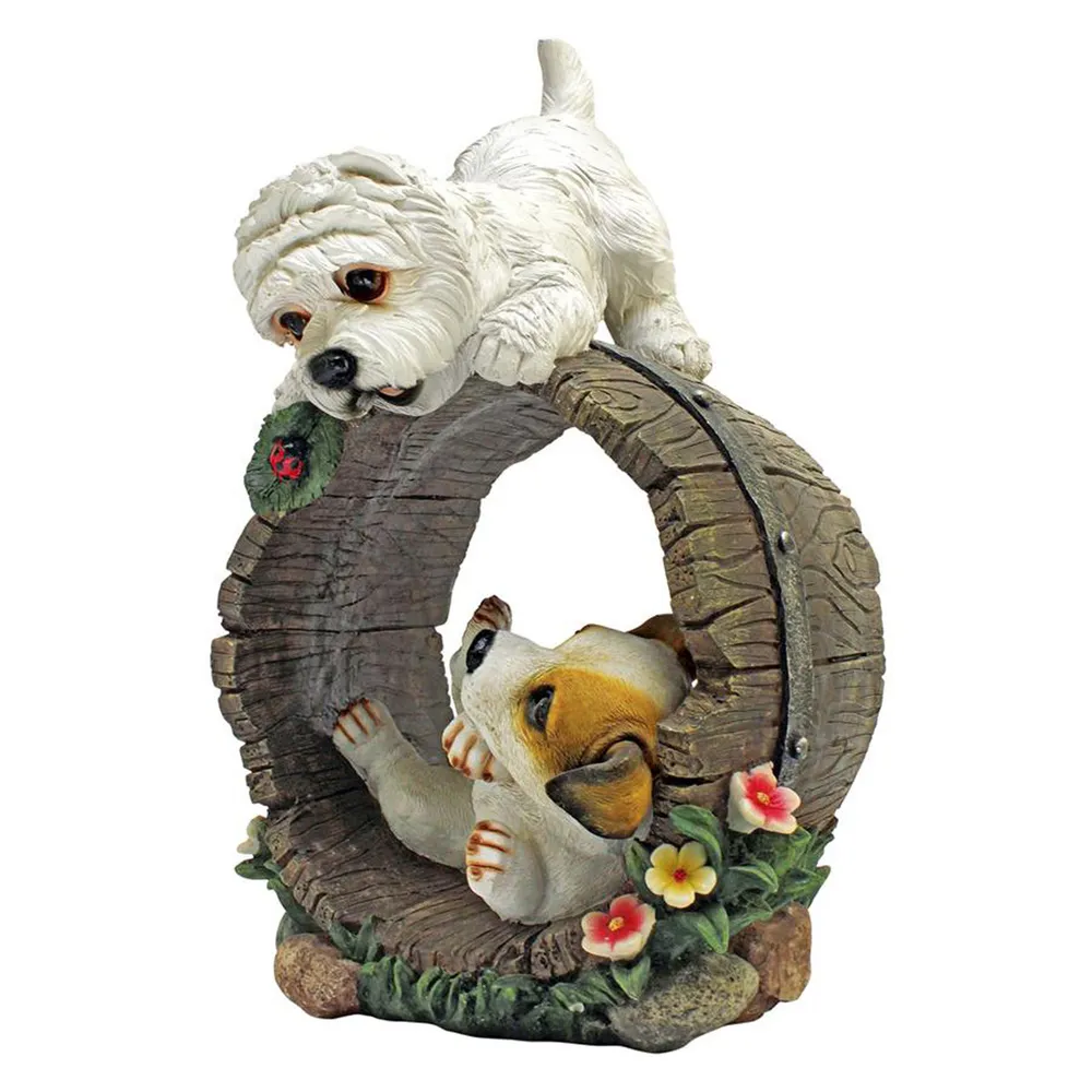 15″ Puppy Dogs Playing Hand Painted Outdoor Garden Statue