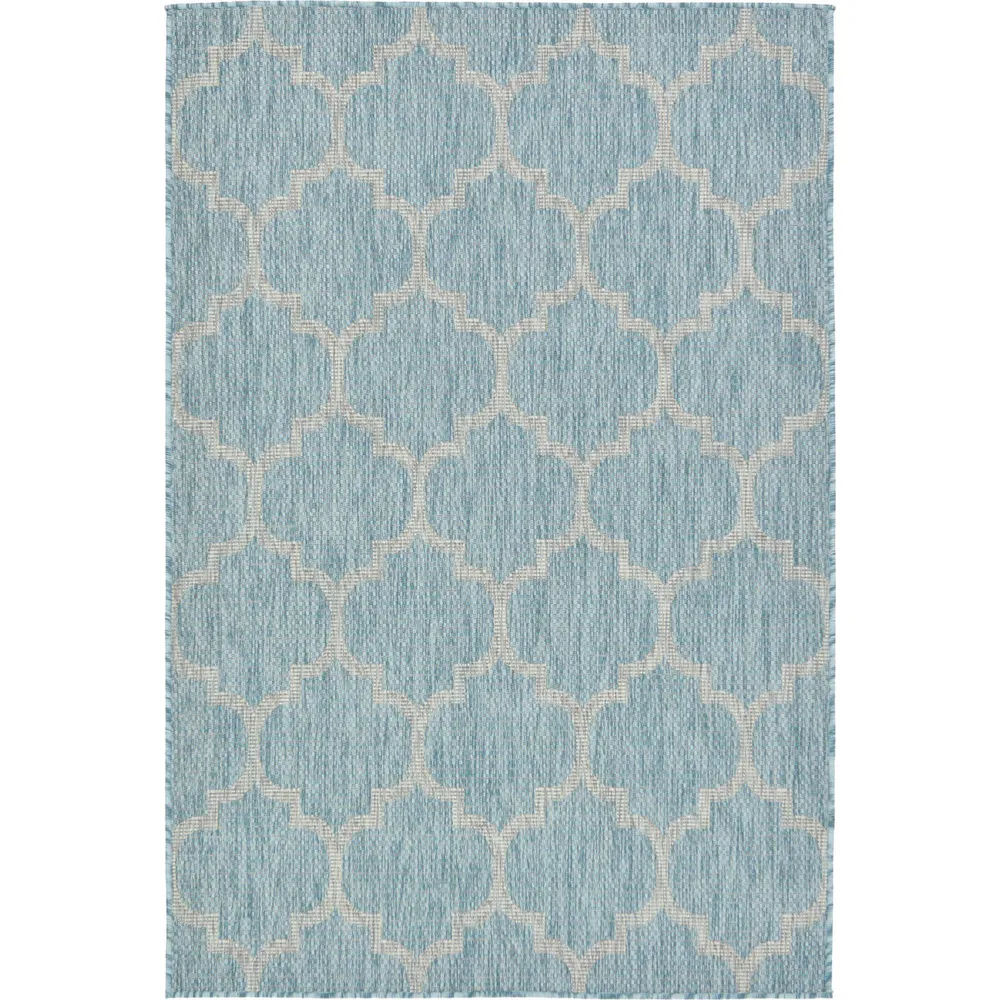 4′ x 6′ Aquamarine Blue and Gray Moroccan Trellis Rectangular Outdoor Area Throw Rug
