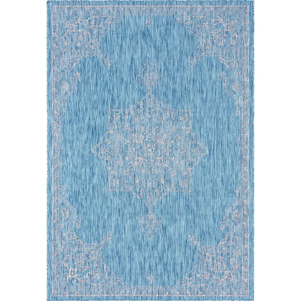 7′ x 10′ Aqua Blue and Ivory Medallion Rectangular Outdoor Area Throw Rug