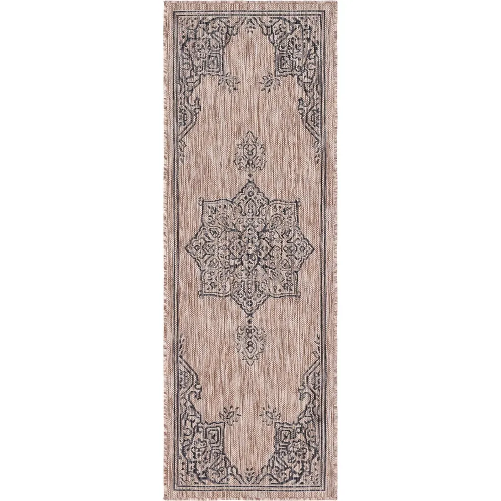 2′ x 6′ Beige and Black Medallion Rectangular Outdoor Rug Runner