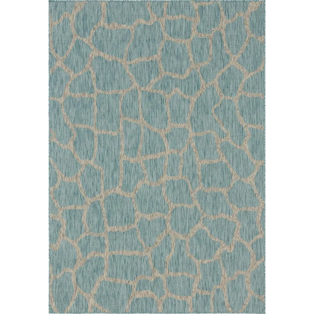 7′ x 10′ Blue and Ivory Animal Print Rectangular Outdoor Area Throw Rug