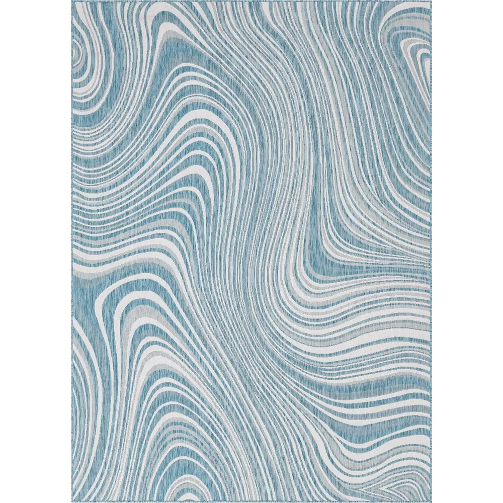 8′ x 11.25′ Ivory and Blue Abstract Rectangular Outdoor Area Throw Rug