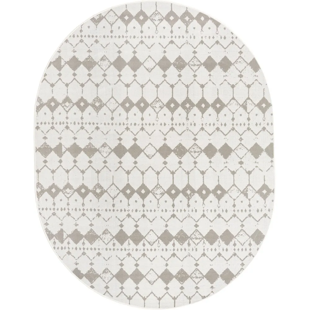 7.75′ x 10′ Ivory and Gray Geometric Outdoor Oval Area Throw Rug