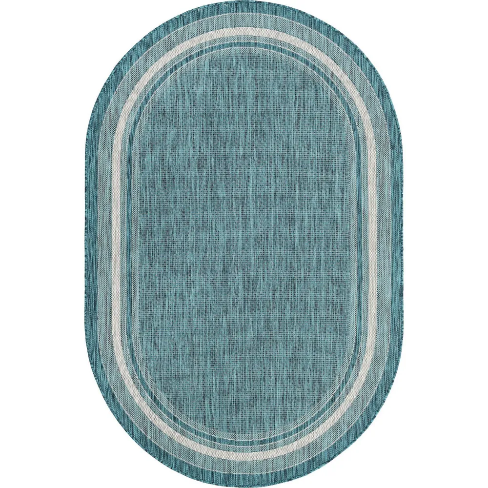 5′ x 8′ Solid Teal Blue and Beige Oval Outdoor Area Throw Rug