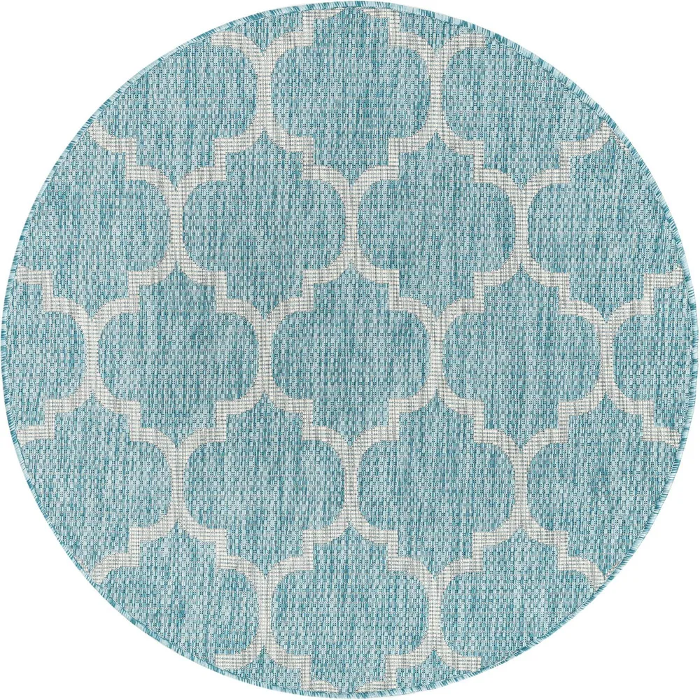 4′ Aquamarine Blue and Gray Moroccan Trellis Round Outdoor Area Throw Rug