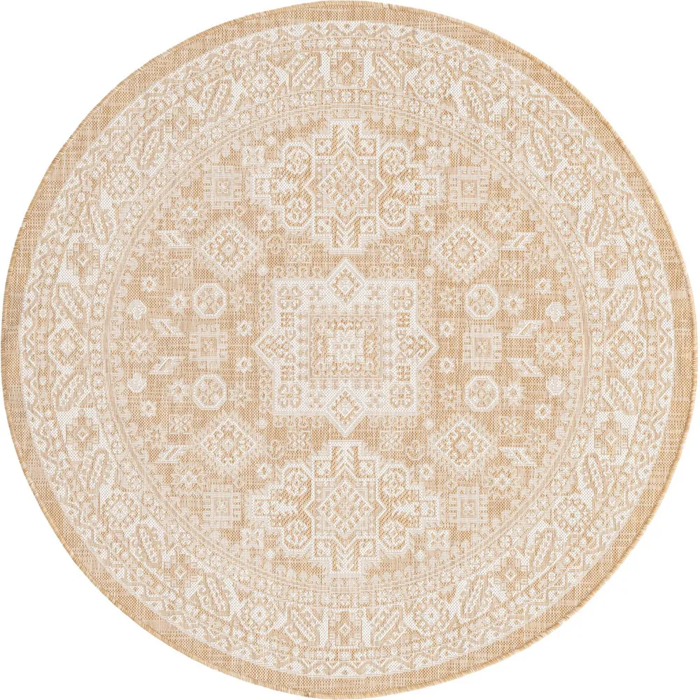 5.25′ Brown and Ivory Medallion Round Outdoor Area Throw Rug