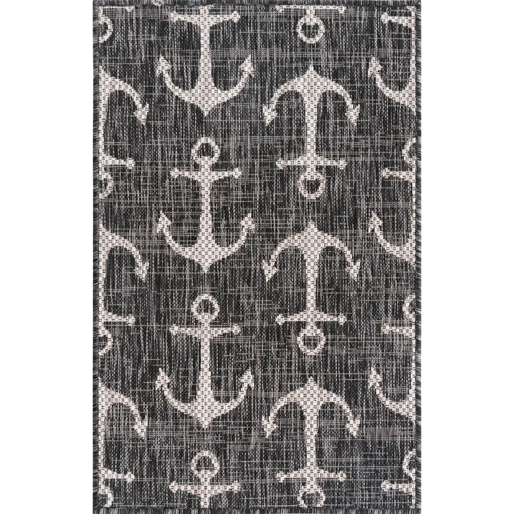 2′ x 3′ Charcoal Gray and Ivory Nautical Anchor Rectangular Outdoor Area Throw Rug