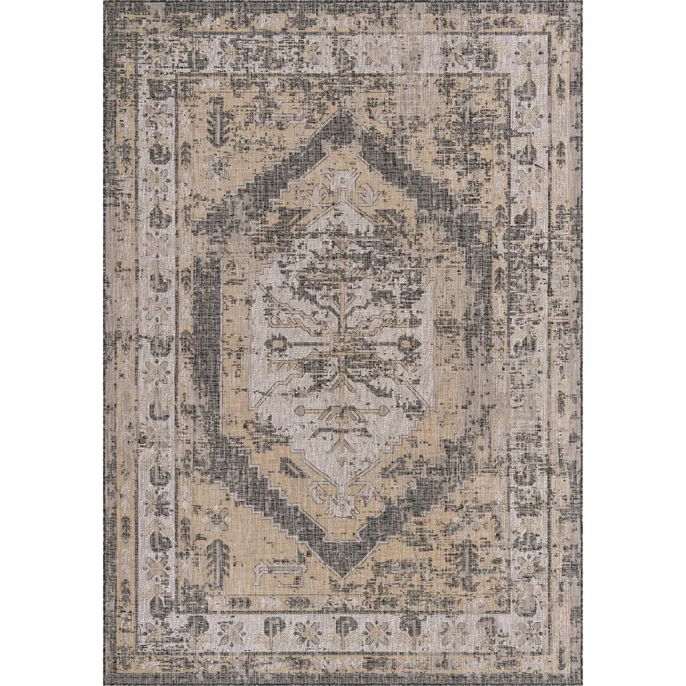 7.75′ x 11′ Charcoal Gray and Beige Medallion Traditional Rectangular Outdoor Area Throw Rug