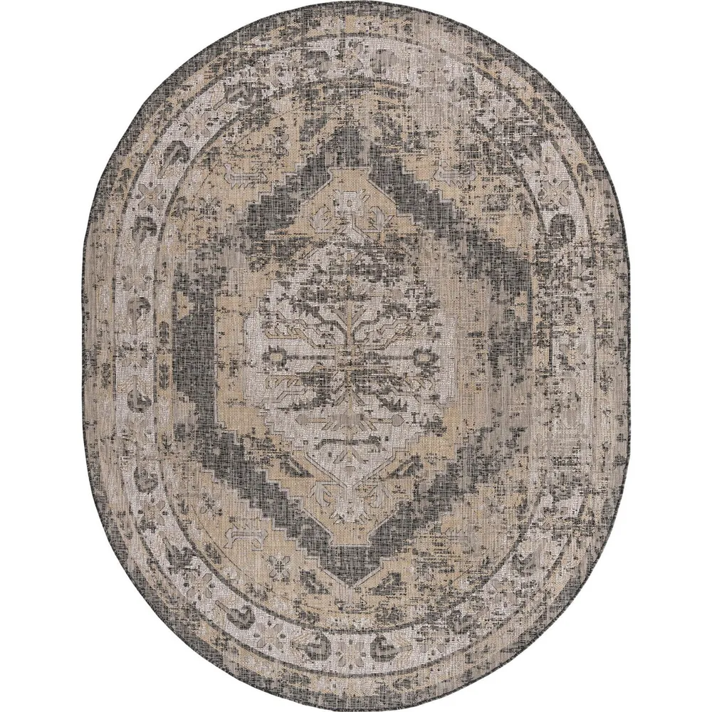 7.75′ x 10′ Medallion Charcoal Gray and Beige Oval Outdoor Area Throw Rug